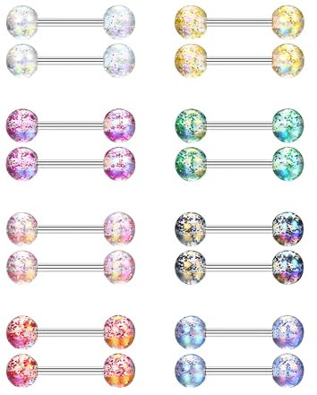 CASSIECA 16Pcs 14G Zungenpiercing Chirurgenstahl 12mm Brustwarzenpiercing Kunststoff Mehrfarbig Edelstahl Nippel Piercing Barbell für Damen