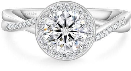 KRKC&CO Verlobungsring Damen Halo Moissanite Ring, 1 Karat Moissanit Diamant Ring, VVS1 D Farbe, 925 Silber Weißgold, Verlöbnis Hochzeitstag Jubiläum Geburtstag Geschenk für Frauen, 49 (15.6)