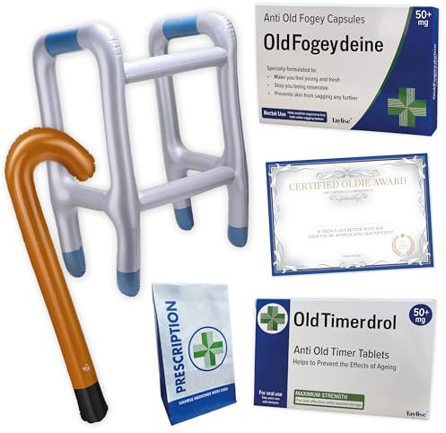 OLD AGE JOKE | Inflatable Zimmer Frame, walking stick | Joke Pill Boxes | Old Age Certificate | Retirement gift, 40th,50th, 60th, 70th Birthday, grandma fancy dress, hen, gag, novelty, secret Santa