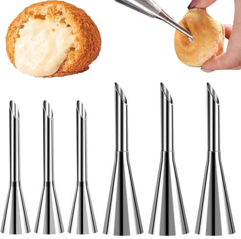 Mabor 6Pcs Churro Piping Tip, Long Cream Icing Piping Nozzle Tips, Stainless Steel Eclair Small Icing Tools for Filling Donut Pastry Puff Cake Decorating Tools