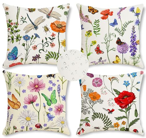 KEIROUTK Outdoor Kissen Dekorative Wasserfest 4 er Kissenbezug 40 x 40 cm Gartenkissen Wetterfest Blumen und Schmetterlinge Werden für Heim Sofak Garten Outdoor Kissenbezug