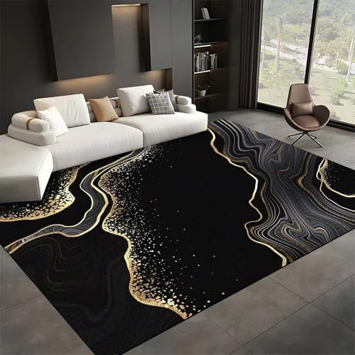 Schwarzer Marmor äSthetik FläChenteppiche für Schlafzimmer, 200x280cm, Abstrakt Schwarz Gold Treibsand Textur Flurteppich, StrapazierfäHig Waschbar Atmungsaktiv Teppich für Innenbereich