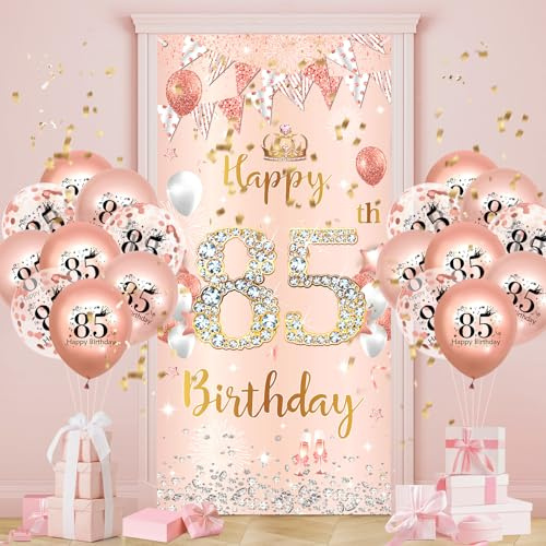 85.Geburtstagsdeko Frauen,Roségold 85 Banner mit Luftballons,85.Geburtstag Dekoration für 85 Jahre Frauen 85th Happy Birthday Geburtstags Hintergrund Türbanner 85.Ballon Jubiläum Geburtstag Party Deko