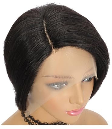 Perücken Kurze Pixie-Cut-Perücken, Echthaar, 13 x 4 x 1, Seitenscheitel, Bob, Lace-Front-Perücken aus Echthaar for Frauen, glattes Haar, Remy-T-Teil für Tägliche Party Verwendung(6inches)