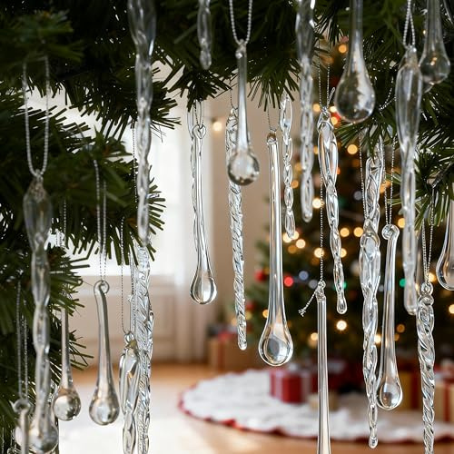 Glass Icicle Ornaments for Christmas Tree Decorations, 64Pcs Clear Crystal Glass Tear Drop Icicle Hanging Ornaments for Xmas Tree Chandelier Frozen Winter Wonderland Party Wedding Supplies