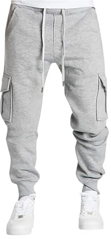Pantalon Coton Salopette Polaire pour Hommes, Automne et Hiver, Pantalons de Poche pour Hommes, Pantalons de Sport décontractés, Pantalons Cargo Poêles Wok (Light Gray, XL)