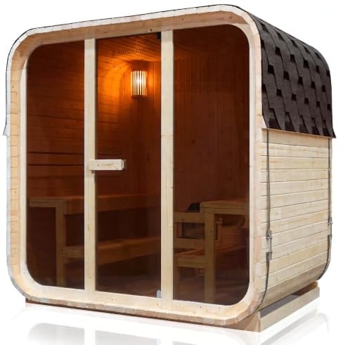 Artsauna® Fasssauna Fjora L, Outdoor-Sauna für 6 Personen, 9 kW Saunaofen | Cube Sauna aus Fichtenholz, LED-Beleuchtung & Zubehörset mit Sanduhr & Eimer