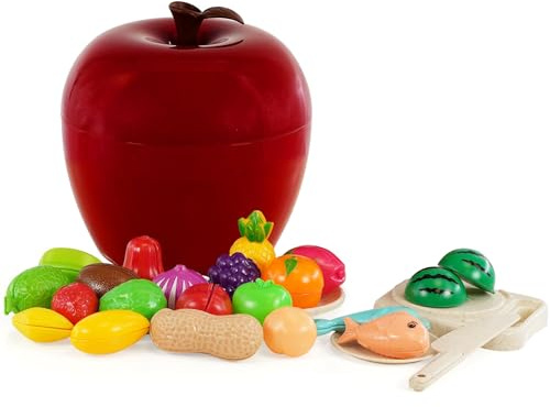 The Magic Toy Shop Fruit Cutting Toy Set – Apple Storage Case, Chopping Sounds, Cutting Tools & Plates, Plastic Fruit and Vegetables Toys – Role Play Food for Toddlers & Kids Kitchen Accessories