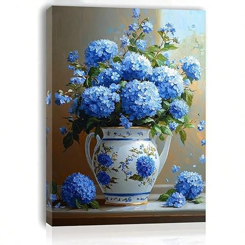 AIHNBF Blau Hortensie Blumen Leinwandbild, Impressionistisches Stillleben Malerei, Botanische Vase Kunstdruck für Wohnzimmer Schlafzimmer Deko 50 x 75 cm