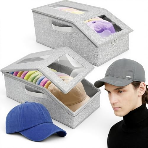 Cap Aufbewahrung 2er Set, Faltbare Hutschachtel Transparenter Deckel | Cap Organizer, Robuster Vlies, Stapelbar, Platzsparend, Staubschutz, Tragegriff, für Schals, Handschuhe, Plüschtiere