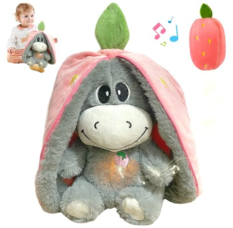 XPJBKC Atmendes Kuscheltier Esel, Esel Kuscheltier mit Atmung, Musik und Warmes Licht, Weiches Beruhigendes Erdbeerform Kuscheltiere Atmet, Schlummer Kuscheltiere für Kinder Erwachsene