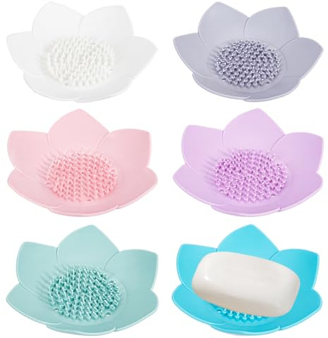 AHANDMAKER 6 Pack Silicone Soap Dishes, 6 Colors Non-Slip Lotus Flower Shape Shower Steamer Tray Self Draining Floral Soap Holders for Shower Bathtub Bathroom Kitchen Sink Countertop Decor