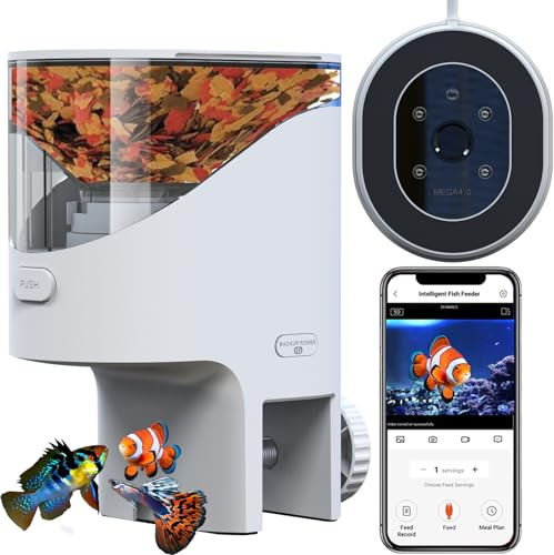 YAMOSO WiFi Futterautomat Aquarium mit 2.5K Kamera, 2.4/5G WLAN Smart App, 0,2g Flockenfutter Visuelle Präzision Fischfutter Automat, 200ML Feuchtigkeitsgeschützter Futterspender für Urlaub & Alltag