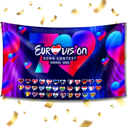 Eurovision 2026 Party Euro Song Contest Österreich Wien Dekorationen Flagge Banner Gesangswettbewerb Veranstaltung in Europa Feier Thema für Haus Bar Decor 90x150 (70.Jubiläum)