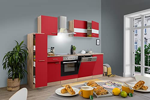 respekta Küche Küchenzeile Küchenblock Einbauküche Eiche Rot Merle 250 cm