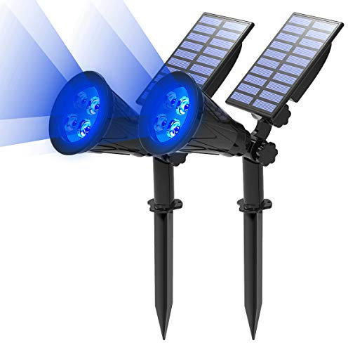 T-SUN Spot Solaire 2 packs Lampe Solaire Extérieur Projecteur Solaire Exterieur 4 LED, Etanche IP65, 2 Modes d'éclairag, 180° Réglable, Eclairage Extérieur Solaire pour Arbre, Jardin, Chemin(Bleu)
