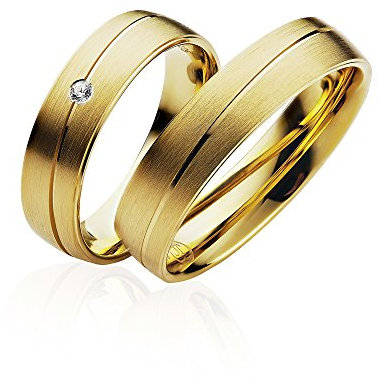 JC Trauringe Silber 925 Paarpreis Eheringe Gold Plattiert I Verlobungsringe breit 5 mm I Partnerringe mit Gravur in edler Schatulle I 2 Hochzeitsringe Herrenring ohne & Damenring mit Stein I P902