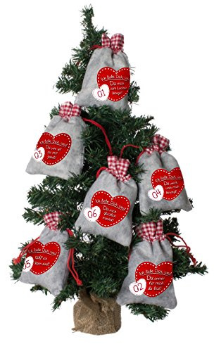 24 Adventskalender Säckchen aus Filz mit 24 Gründen ICH LIEBE DICH WEIL ... inkl. Adventsbaum (für Erwachsene Männer und Frauen) für Weihnachtskalender/Adventskalender zum Befüllen