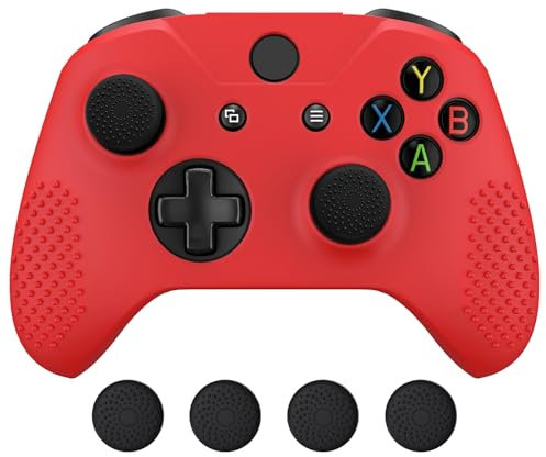 eXtremeRate PlayVital Schutzhülle Silikon Hülle Tasche für Xbox One S/X Controller Anti-Rutsch Case Griff Skin mit 2 Thumbstick Thumbgrips Kappen für Xbox One S/X Controller(Rot)