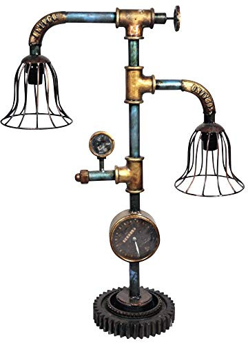 Indoortrend Tischlampe Vintage aus Metallrohr Industriedesign - Leuchte mit Steampunk Look und Zahnrad Ständer mit Tachometer & Schalter - Beleuchtung in Retro Look - H/B/T 52x19x68 cm