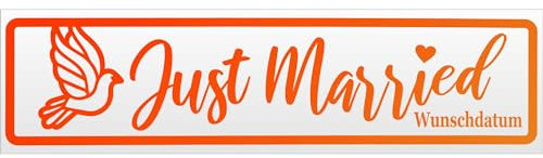 Kiwistar Magnetschild Just Married Wunschdatum - 20cm Neonorange - magnetisch für Auto PKW Kfz - wiederverwendbares Hinweisschild aus Magnetfolie - für Fahrzeug, Truck