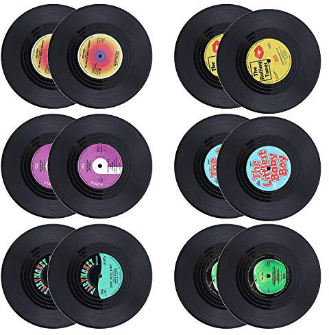 KEESIN Lot de 12 dessous de verre antidérapants en vinyle, motif disque CD, isotherme, pour tasse à café, boisson (bleu)