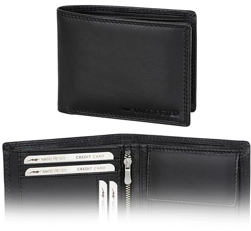 Marc Peter® Echt-Leder Geldbörse Hanover | Geldbeutel für Herren mit RFID-Schutz | Groß 10 Fächer Portmonee | Schwarz Nappa Portemonnaie