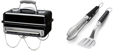 Weber Go-Anywhere Holzkohlegrill, portabel, Schwarz (1131004), 27x31x43 cm & 6645 Grillbesteck Kompakt 2-teilig, Zange und Wender, Edelstahl, schwarz