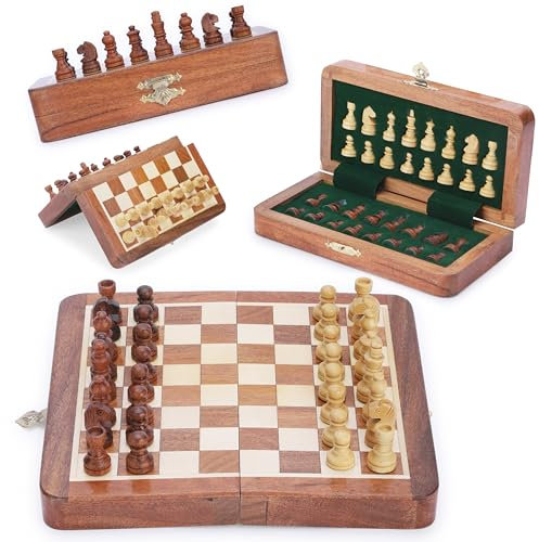 Ajuny 7 Inches Magnetic Wooden Chess Board Age 15+ Set Decorative Folding Board - Pieces Storage Slots, Portable Travel Handmade Chess Game Beginner Chess Set Puzzle Games for Kids, Adults
