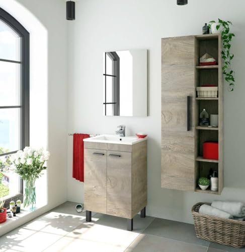 Dmora Mobile sottolavabo Naperville, Mobiletto per Bagno, Armadio a 2 Ante con Specchio, lavabo Non Incluso, 50x40h80 cm, Rovere