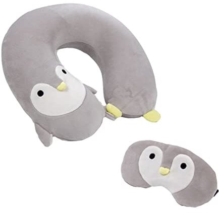 Nackenkissen mit Schlafmaske, Kinder Nackenhörnchen Reisekissen Niedliche Tierform Nackenstützkissen für Kinder und Erwachsene, Reisen im Auto Flugzeug Zug (Grauer Pinguin)