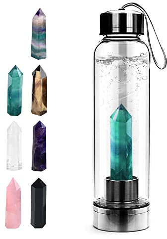 Tyuodna Crystal Water Bottle, Removable Natural Crystal Quartz Glass Water Bottle, Healing Natural Quartz Water Bottle, Portable Proof Leak Gemstone Bottle 550ml (Green Fluorite+Bottle)