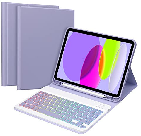 Keyboard Case for iPad 11th Gen A16 11inch&10th Gen 10.9inch GOKOCO A16 Tablet Cover Magnetically Detachable Macaron Color Bluetooth Keyboard With 7 Colors Backlight Give Full Protection-Purple