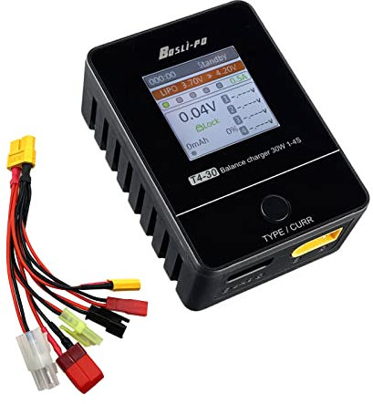 Chargeur de Batterie Lipo 1S-4S Lipo Balance Charger IPS Display Digital AC Smart Battery Charger for Lipo/Lihv/Life/Lipo Storage Smart Battery with 6 Interface Charging Cable
