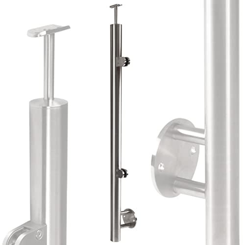 Edelstahl Geländerpfosten Endpfosten rechts mit Glashalter 8,76mm und Handlauf-Träger - 42,4mm - Wangemontage V2A seitliche Montage vormontiert Glasgeländer Geländerstützen Pfosten Zaunpfosten aussen