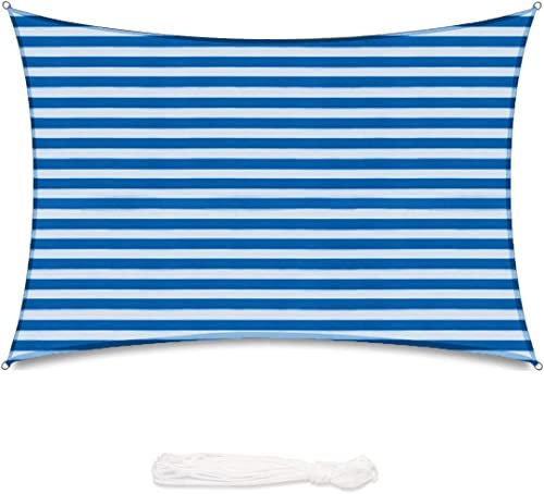 Sekey Sonnensegel 4x6m, Sonnenschutz, Rechteckig HDPE-Kunststoff, Winddicht Wasserdurchlässig UV-beständig Atmungsaktiv Reißfest, für Balkon Garten, mit Ösen und Befestigungsseile, Blau-weiß gestreift
