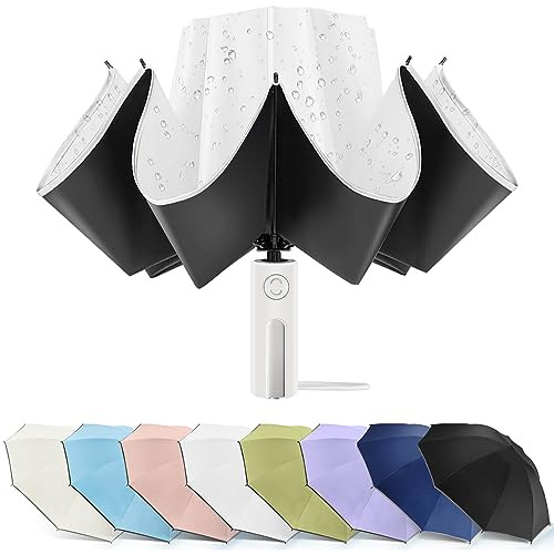 Bodyguard Large Windproof Inverted Umbrellas for Rain & Sun - Travel Folding Compact UPF 50+ Automatic Umbrella with Reflective Stripe, UV Protection For Walking, White-46IN