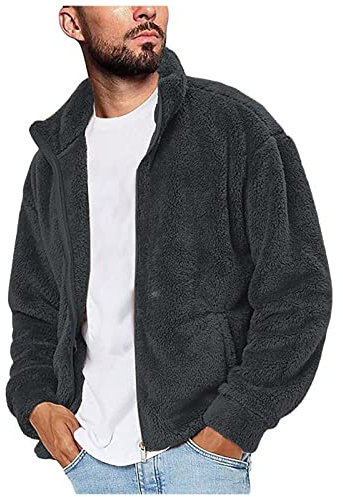 liaddkv Giacca Fuzzy Uomo Tinta Unita Manica Lunga Mantengono Caldo Pile Collo Alto Cerniera Outwear Cappotto Pile Uomo Protezione Avviso, grigio scuro, XXL