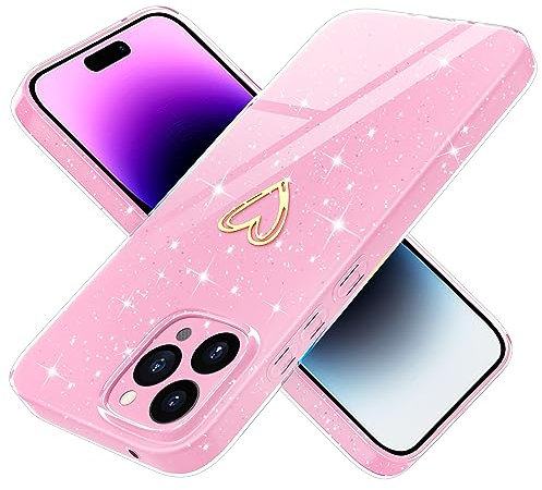 Yichxu Handyhülle für iPhone 14 Pro Max Hülle Glitzer Gold Herz Love Silikon TPU Stoßfeste Schutz Bumper Case Cover Glänzend Ultra Dünn Kratzfeste Schutzhülle für iPhone 14 Pro Max 6,7 Zoll, Rosa