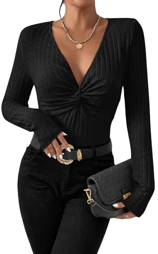 GORGLITTER Women's Ripped Knit Twist Front Bodysuit Jumpsuit Deep V Neck Long Sleeve Tops Casual Fitted T Shirts Black M