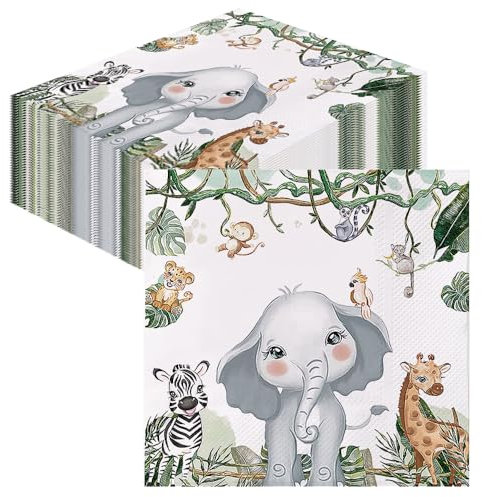 GROVBLE 50 Stück Servietten Kindergeburtstag,Servietten Dschungel,Jungen Tischdeko Grün für Papierserviette Zootiere Happy Birthday Kindergeburtstag und servietten tiere 33x33cm…