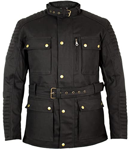 Herren Motorrad Textiljacke Gewachste Baumwolle, Wasserdicht mit Protektoren (DE/NL/SE/PL, Alphanumerisch, L, Regular, Regular, Schwarz)