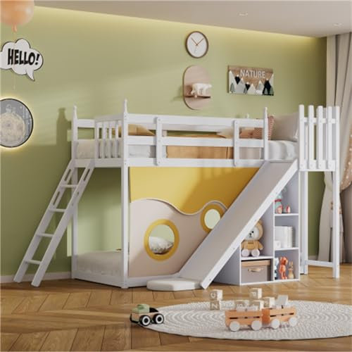 Lit Superposé 90x200cm Lit Enfant avec Protection Antichute Et Grille Lit Mezzanine avec Escalier Et Toboggan Rideau De Lit Et Étagère Lit D'adolescent pour Enfant Lit Au Sol Structure en Pin Blanc