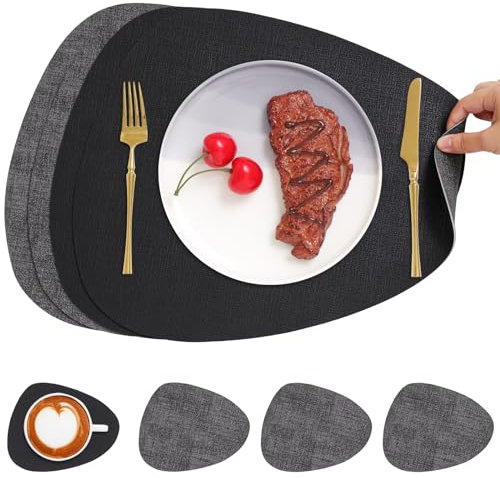 Chitomars Tischsets Kunstleder und Untersetzer, Tischsets Abwaschbar Doppelseitigen rutschfest Platzsets Rund Lederoptik Platzdeckchen Teller Untersetzer (4er Set, Grau Schwarz)