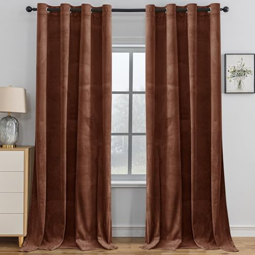 YSTELLAA Gardinen Samt 2er Set, 140×300 cm, Verdunklungsvorhänge Mit Ösen, Vorhang Blickdicht Wohnzimmer Modern, Thermovorhang Schlafzimmer, Schallschutz Vorhang, Blackout Curtain, Braun