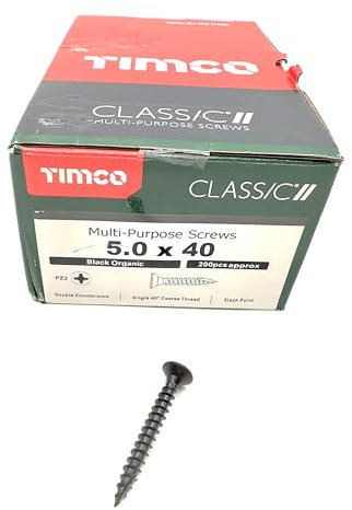 200 Pcs Box of Black Wood Screws Double Countersunk Multi Purpose (5mm x 40mm) Organic Woodscrews