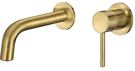 VALAZ Robinet Salle Bain Mural | Mitigeur Lavabo, Mélangeur Eau Froide et Chaude, Pas de Fuites, Installation Facile et Rapide | Laiton, Inoxydable, Élégant, Or Mat, Rond, Bec 15 cm, Série Deva