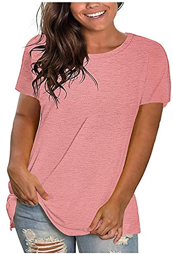 KOG Damen T-Shirts Vintage Einfarbig Longshirt Casual Kurzarm Blusen Frauen Oberteil Freizeit Baumwolle Tee T-Shirt Frau Rundhals Elegant Shirt Sale Damen Rosa XL