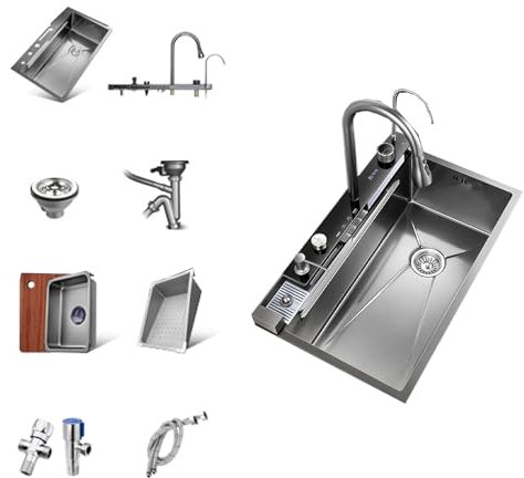 Fregadero Bajo Encimera Grande Fregadero Multifuncional con Grifo Abatible 3 Modos con Lavavasos Tabla de Cortar 304 Fregadero de Acero Inoxidable(80 * 45cm)