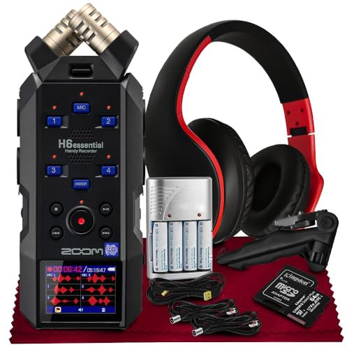 Zoom H6essential Portable Studio Recorder, H6E 32-Bit Float, 6-Track Recorder, Accessibility, 4XLR/TRS with 64GB SD, Tripod, Headphone, Rechargeable Batteries & More for Musicians Podcaster Filmmaker